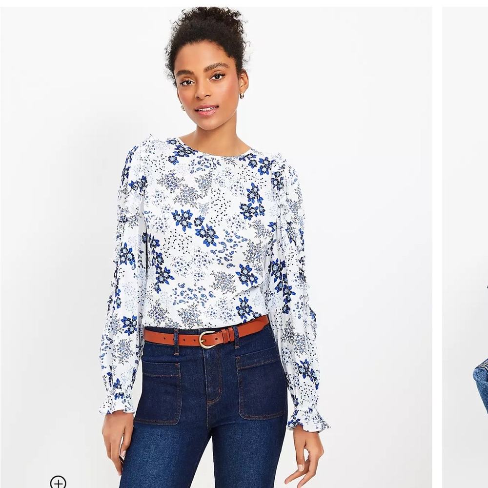 Loft Floral Mixed Media Ruffle Sleeve Top XS CP